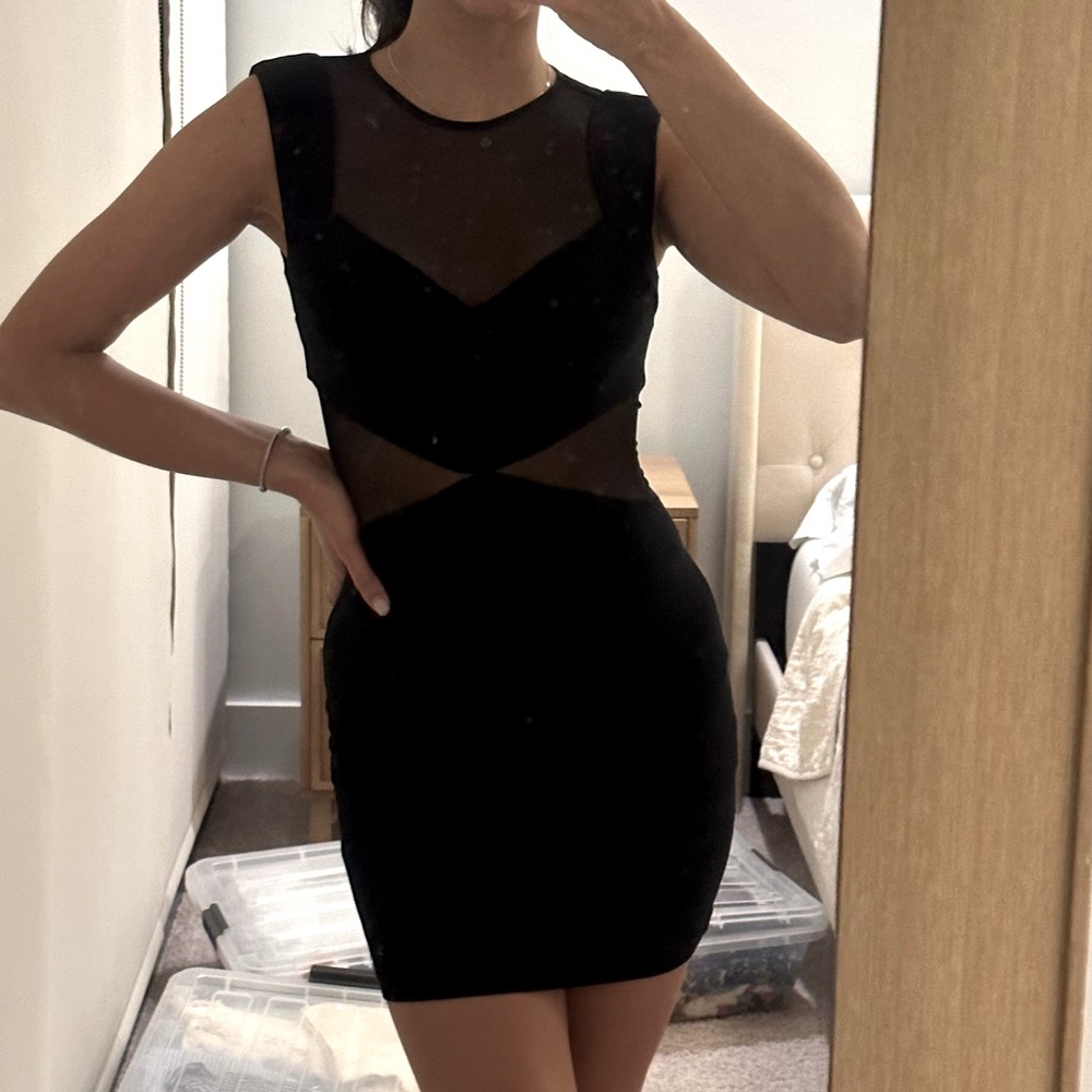 LBD Mesh Black Mini Dress Cut Out Bodycon